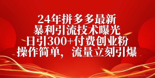 24年拼多多最新爆利引流技术曝出，日引300 付钱自主创业粉，使用方便，总流量马上点爆