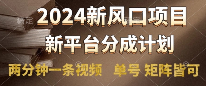 2024风口项目，新平台分成计划，两分钟一条视频，单号 矩阵皆可操作轻松上手月入9000+