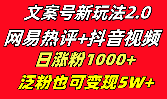 （8484期）创意文案号新模式 网易热评 抖音视频文案 一天增粉1000  多种多样变现方式 泛粉也可变现