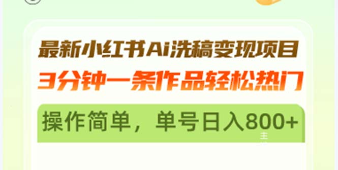 （13182期）最新小红书Ai洗稿变现项目 3分钟一条作品轻松热门 操作简单，单号日入800+