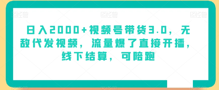 日入2000+视频号带货3.0，无敌代发视频，流量爆了直接开播，线下结算，可陪跑