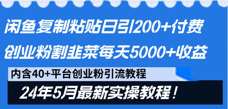 闲鱼平台拷贝日引200 付钱自主创业粉，24年5月全新方式！当韭菜割日平稳5000 盈利