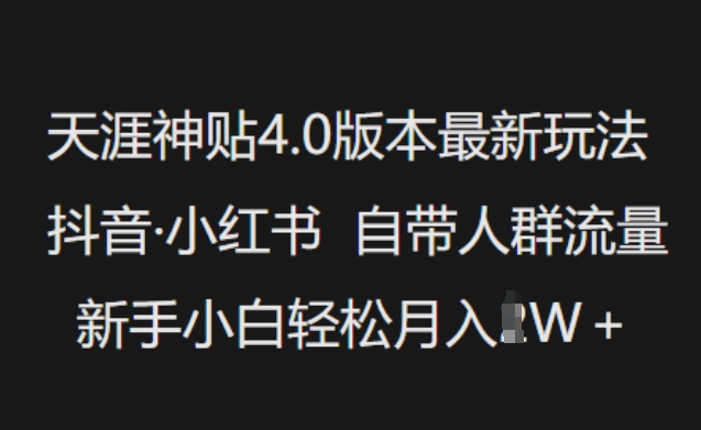 天涯神贴4.0版本号全新游戏玩法，抖音视频·小红书的内置群体总流量，新手入门轻轻松松月入了W