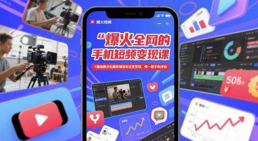 爆红全网手机上短视频变现课，0基本教大家拍摄剪辑增粉经营转现，用一部手机赚钱