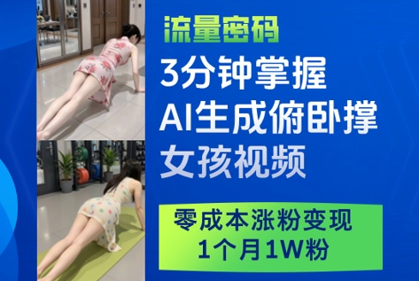 3分钟掌握AI生成俯卧撑女孩视频，零成本涨粉变现，1个月1W粉