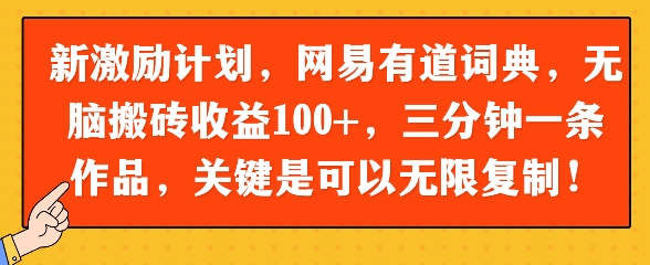 新激励计划，网易有道词典，没脑子打金盈利100 ，三分钟一条著作，关键在于能够无限复制