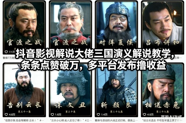 抖音影视解说大佬三国演义解说教学，条条点赞破万，多平台发布撸收益
