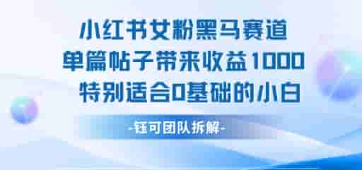 小红书女粉黑马赛道单篇帖子带来收益1k+，特别适合0基础的小白