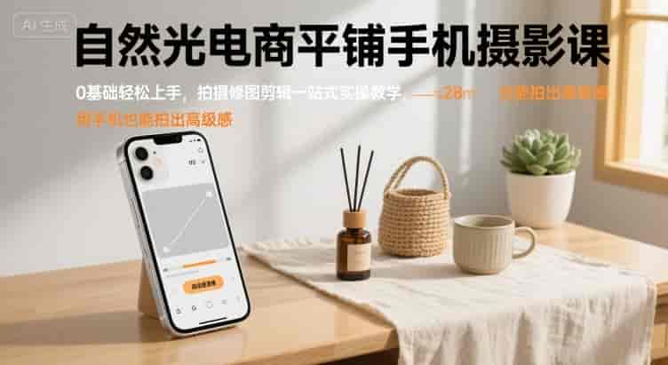 自然光电商平铺手机摄影课，0基础轻松上手，拍摄修图剪辑一站式实操教学，用手机也能拍出高级感