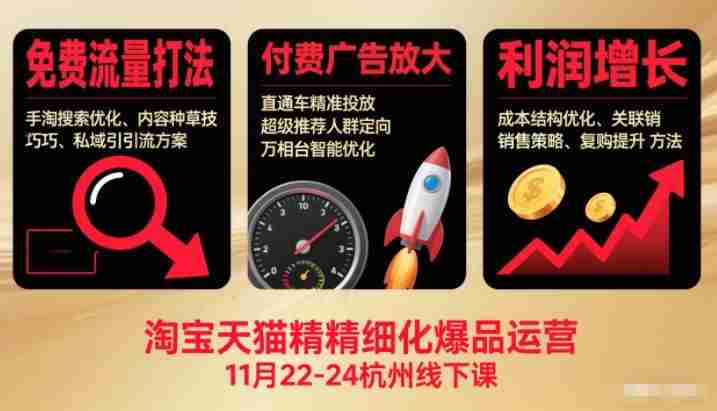 淘宝天猫精细化爆品运营11月22-24杭州线下课，免费流量打法+付费广告放大+利润增长（音频+文档）