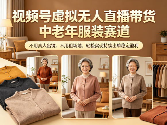 视频号虚拟无人直播带货中老年服装赛道，不用真人出镜、不用租场地，轻松实现持续出单稳定盈利