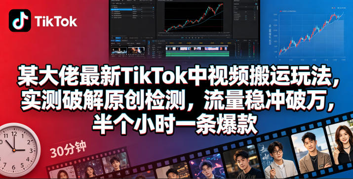 某大佬最新TikTok中视频搬运玩法，实测破解原创检测，流量稳冲破万，半个小时一条爆款
