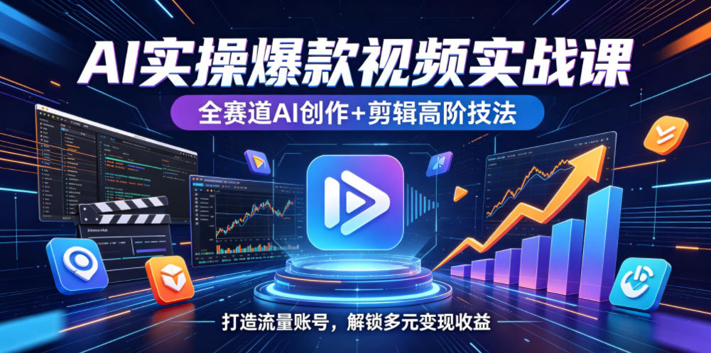 AI实操爆款视频实战课，全赛道AI创作+剪辑高阶技法，打造流量账号，解锁多元变现收益