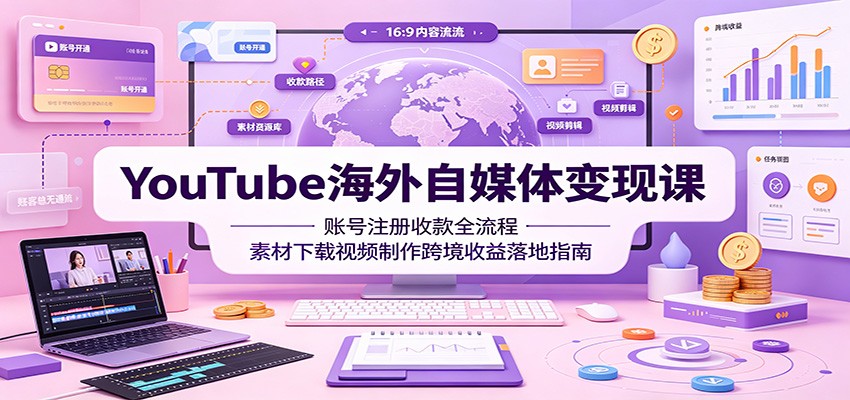 YouTube海外自媒体变现课：账号注册收款全流程，素材下载视频制作跨境收益落地指南