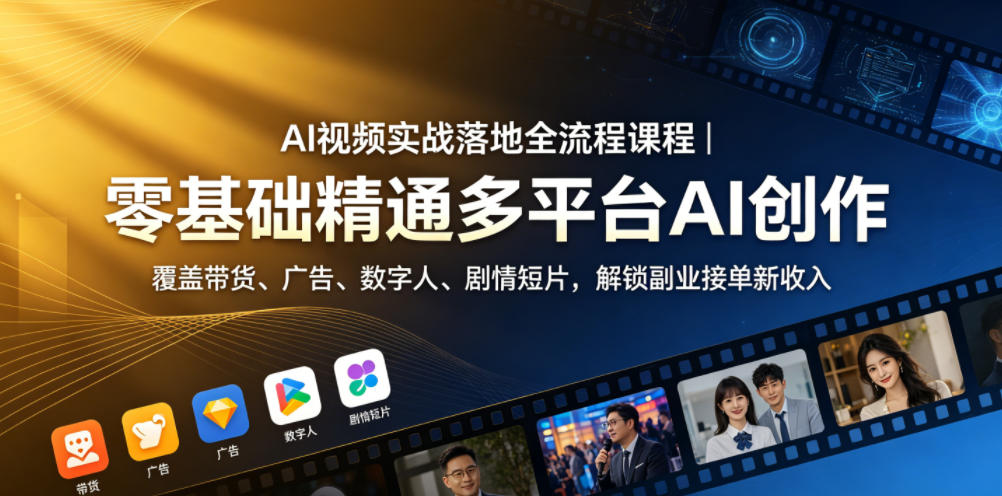 AI视频实战落地全流程课程｜零基础精通多平台AI创作，覆盖带货、广告、数字人、剧情短片，解锁副业接单新收入
