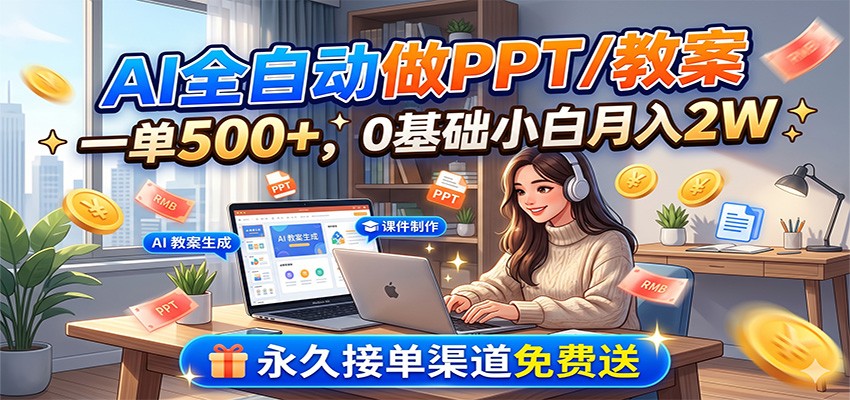 AI全自动做PPT/教案，一单500+，0基础小白月入2W，永久接单渠道免费送
