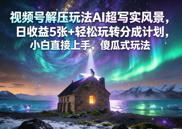 视频号解压玩法AI超写实风景，日收益5张+轻松玩转分成计划，小白直接上手，傻瓜式玩法