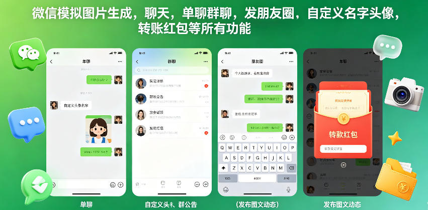 微信模拟图片生成，聊天，单聊群聊，发朋友圈，自定义名字头像，转账红包等所有功能都可以生成