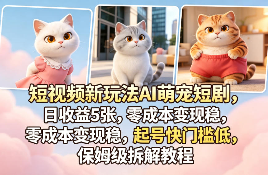 短视频新玩法AI萌宠短剧，日收益5张，零成本变现稳，起号快门槛低，保姆级拆解教程