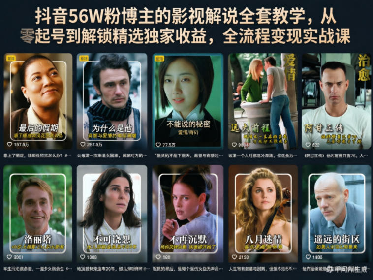 抖音56W粉博主的影视解说全套教学，从零起号到解锁精选独家收益，全流程变现实战课
