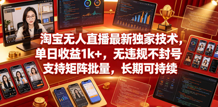 淘宝无人直播最新独家技术，单日收益1k+，无违规不封号，支持矩阵批量，长期可持续【揭秘】