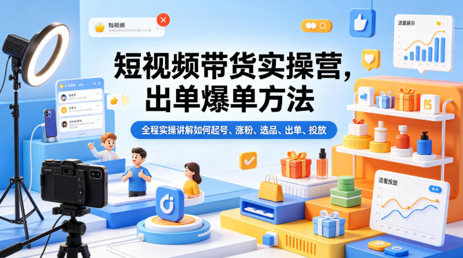 短视频带货实操营，出单爆单方法，全程实操讲解如何起号、涨粉、选品、出单、投放（更新0515）