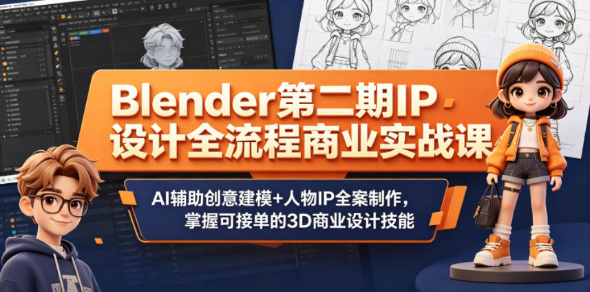 Blender第二期IP设计全流程商业实战课，AI辅助创意建模+人物IP全案制作，掌握可接单的3D商业设计技能