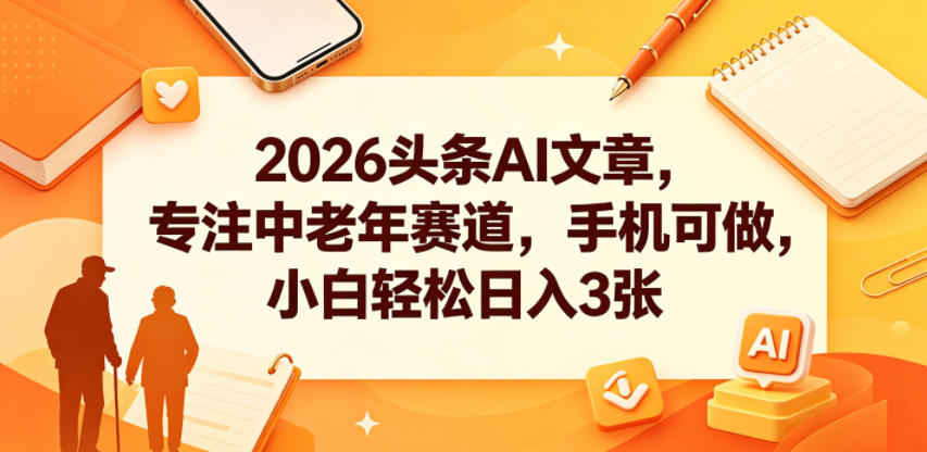 2026头条AI文章，专注中老年赛道，手机可做，小白轻松日入3张