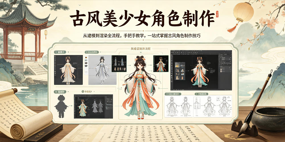 古风美少女角色制作，从建模到渲染全流程，手把手教学，一站式掌握古风角色制作技巧