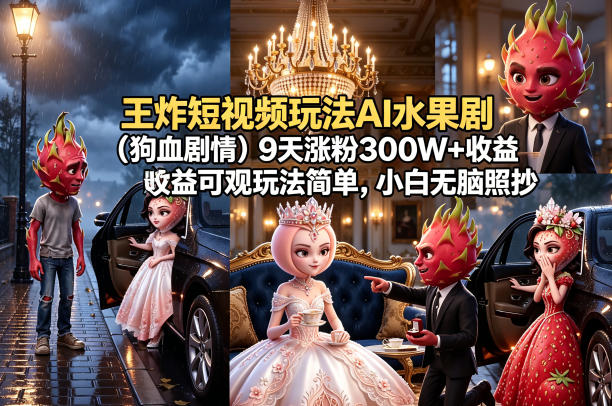 王炸短视频玩法AI水果剧（狗血剧情）9天涨粉300W+收益可观玩法简单，小白无脑照抄，详细拆解玩法