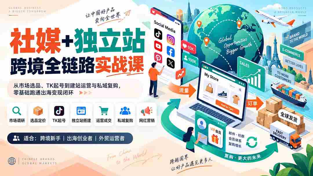 （20361期）社媒+独立站跨境全链路实战课：从市场选品、TK起号到建站运营与私域复购，零基础跑通出海变现闭环
