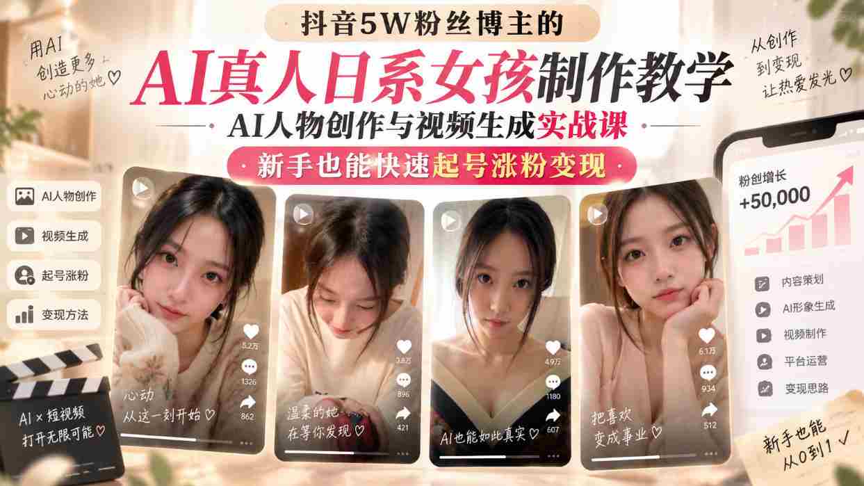 抖音5W粉丝博主的AI真人日系女孩制作教学，AI人物创作与视频生成实战课，新手也能快速起号涨粉变现