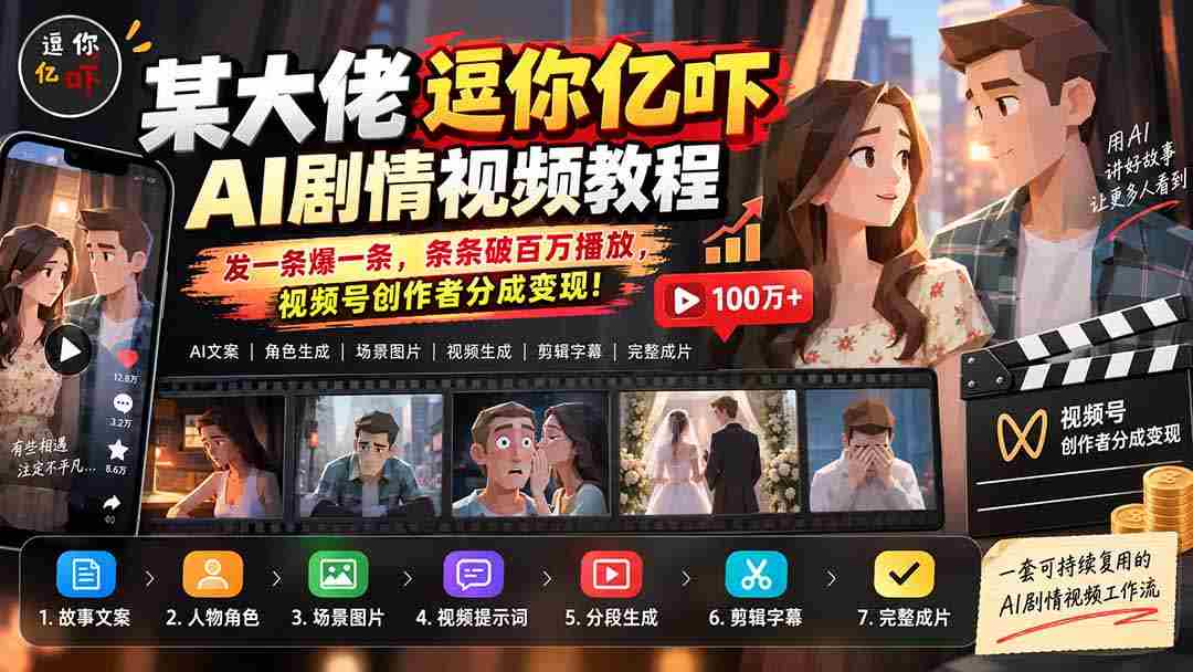 某大佬逗你亿吓AI低模剧情视频制作教程：发一条爆一条，条条破百万播放，利用视频号创作者分成变现!