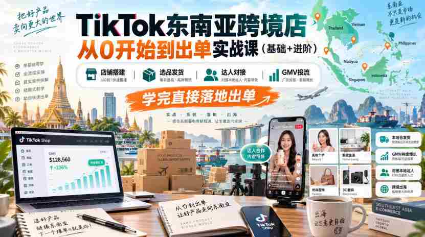 TikTok东南亚跨境店从0开始到出单实战课（基础+进阶），店铺搭建、选品发货、达人对接、GMV投流，学完直接落地出单