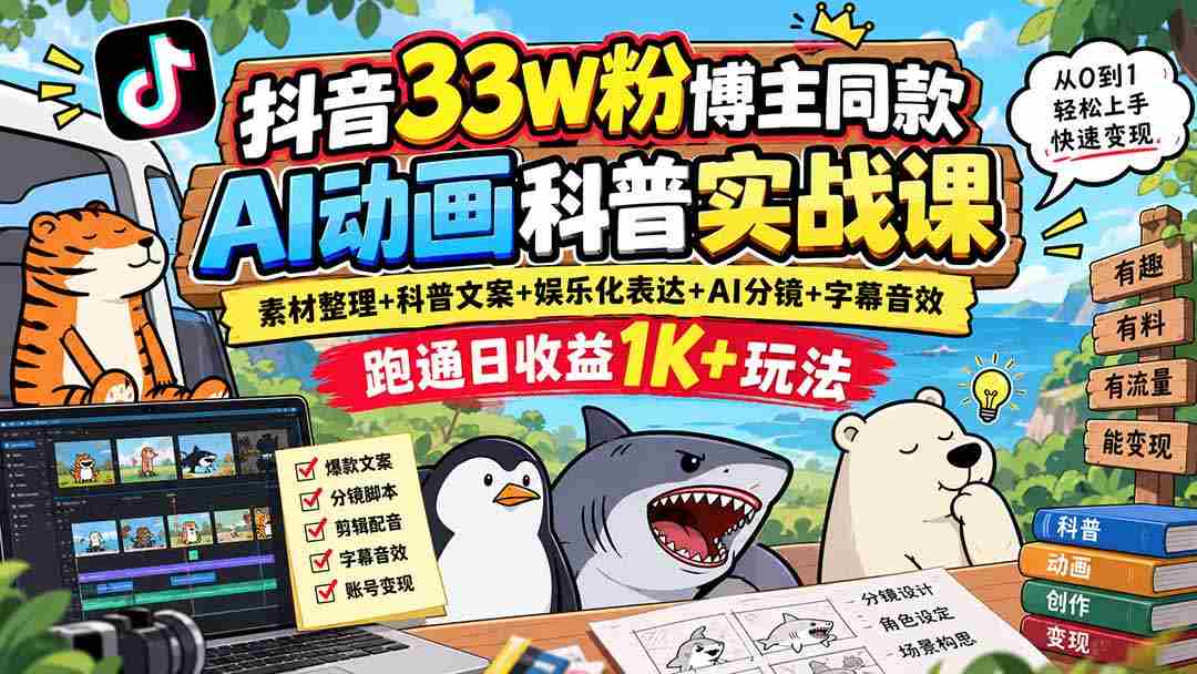 揭秘抖音33万粉丝大V独家AI动画教学：从素材到文案，娱乐表达，AI分镜，字幕音效全攻略，轻松实现日入过千！