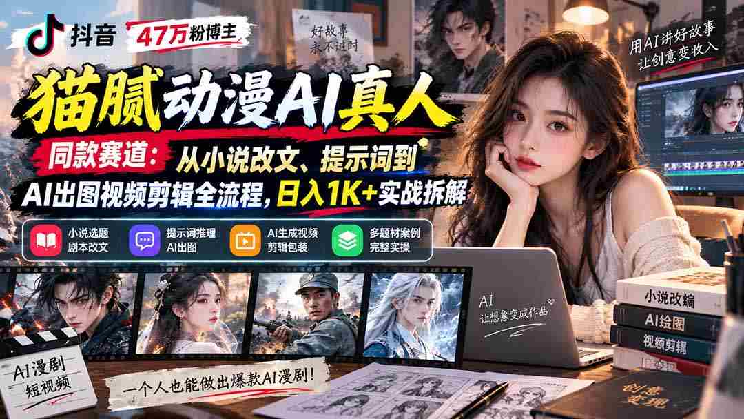 抖音47万粉博主猫腻动漫AI真人同款赛道：从小说改文、提示词到AI出图视频剪辑全流程，日入1K+实战拆解
