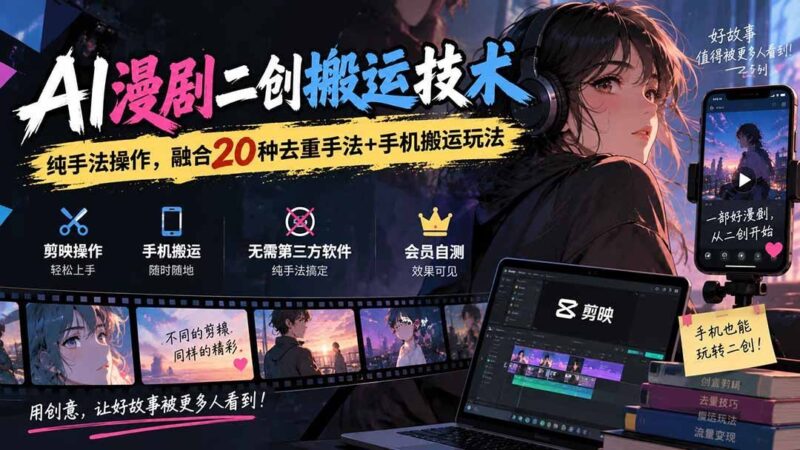 【2026.09.19】AI漫剧二创搬运全攻略：20种去重技巧+手机端实操玩法，纯手法教学