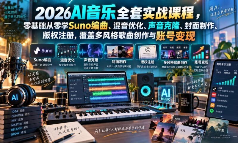 【2026.09.19】零基础AI音乐实战课：Suno编曲混音、声音克隆与版权注册，多风格创作到账号变现全攻略