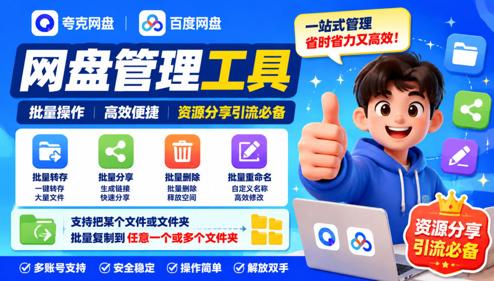 【2026.09.21】夸克网盘批量操作神器：一键重命名、转存、分享、复制，内置AI智能助手