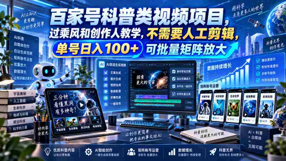 百亿流量科普短视频计划，乘风破浪学创作技巧，零剪辑操作，单账号日赚百元，轻松构建矩阵效应