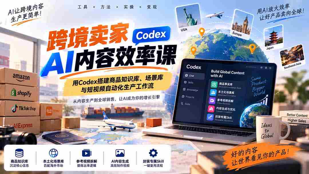 跨境卖家AI内容效率课：用Codex搭建商品知识库、场景库与短视频自动化生产工作流